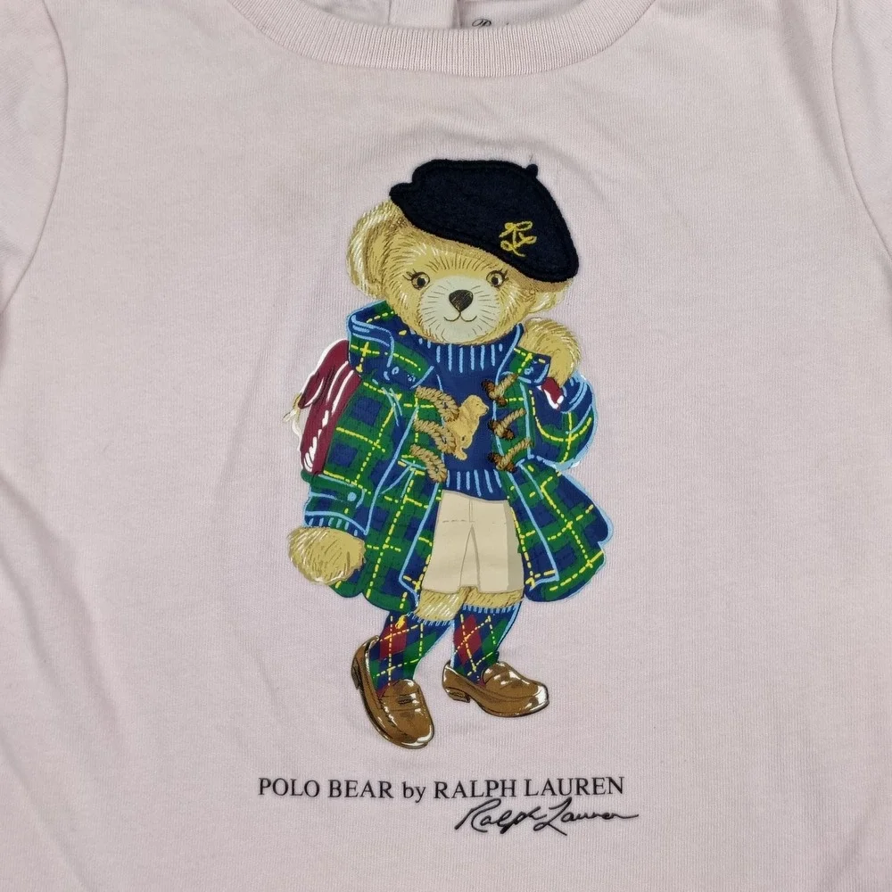 Ralph Lauren Polo Bear Baby Girl Top 12 Month Pink Beret Tartan Plaid Preppy EC